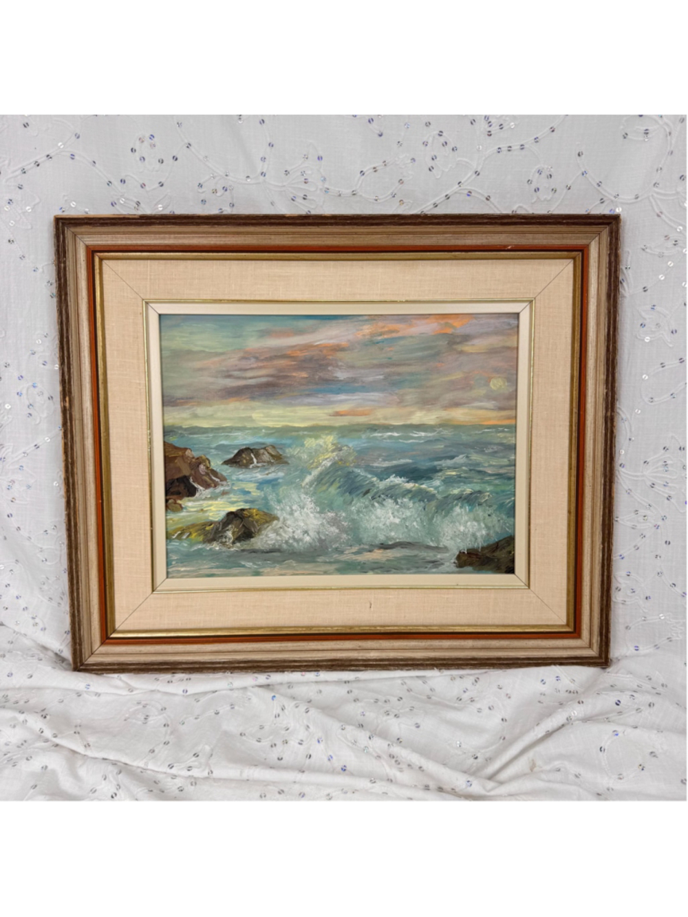 Vintage Mid Century Original Oil Painting Seascape, 16x20 Ocean Coastal Art, Fra